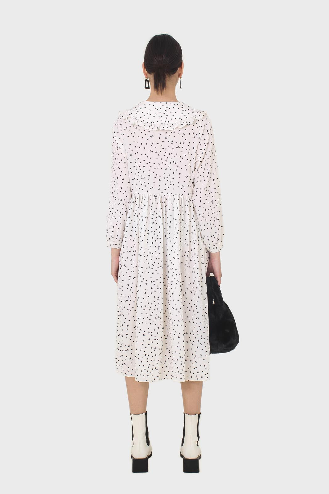 Ivory and black polka dot decorative collar dress