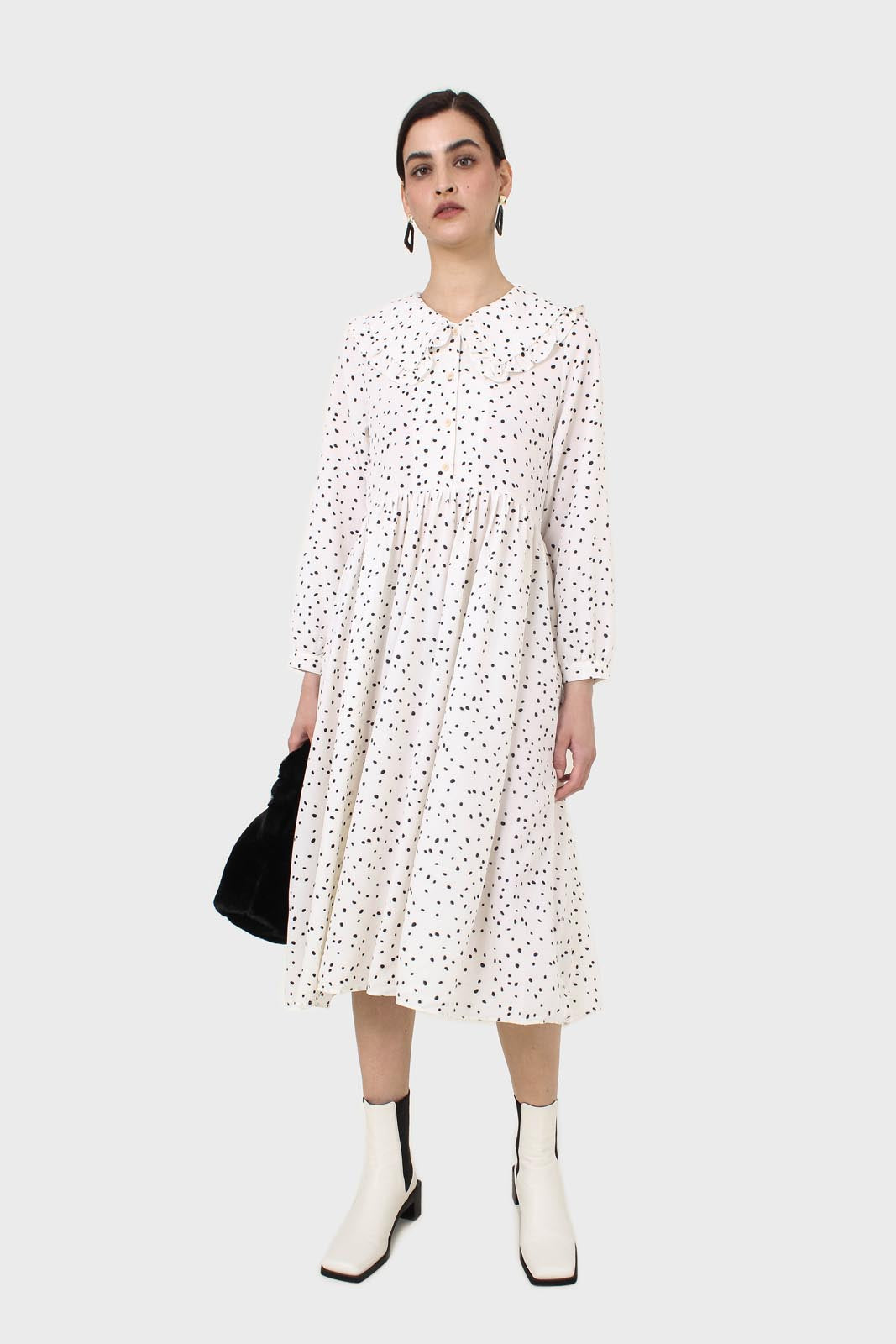 Ivory and black polka dot decorative collar dress