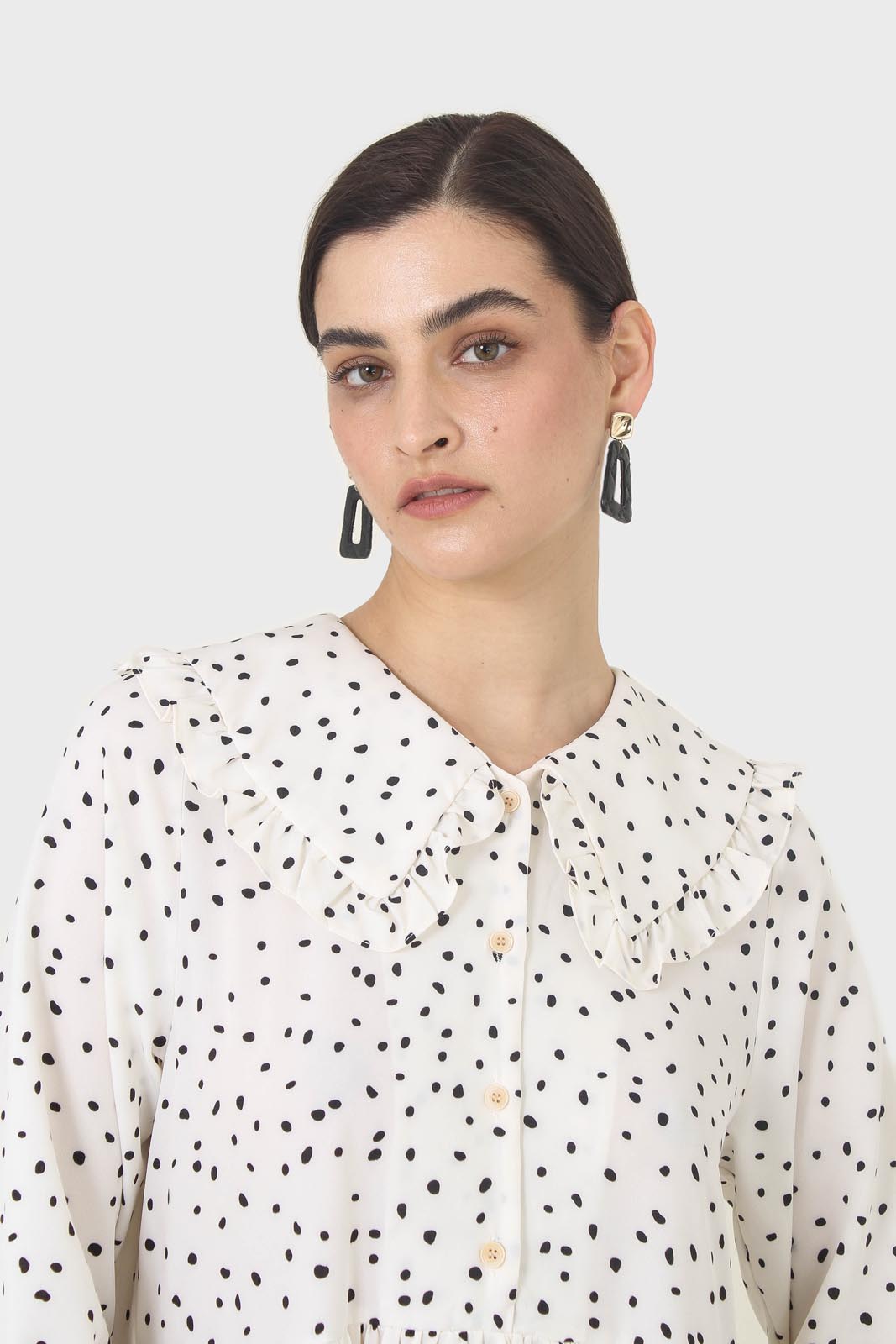 Ivory and black polka dot decorative collar dress