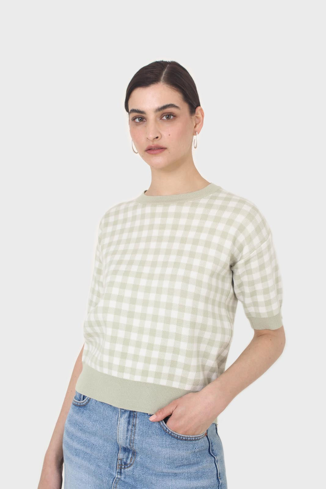 Green and ivory gingham check knit top