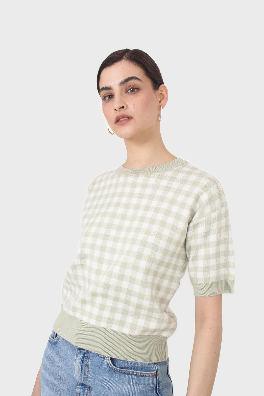 Green and ivory gingham check knit top