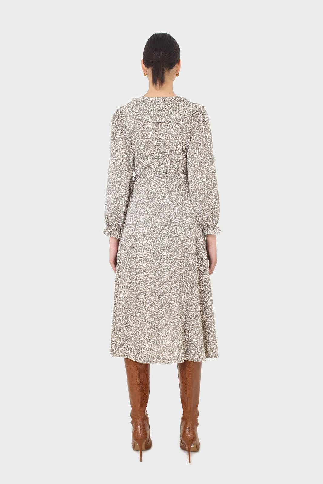 Ditsy floral print pleated ruffle V neck dress