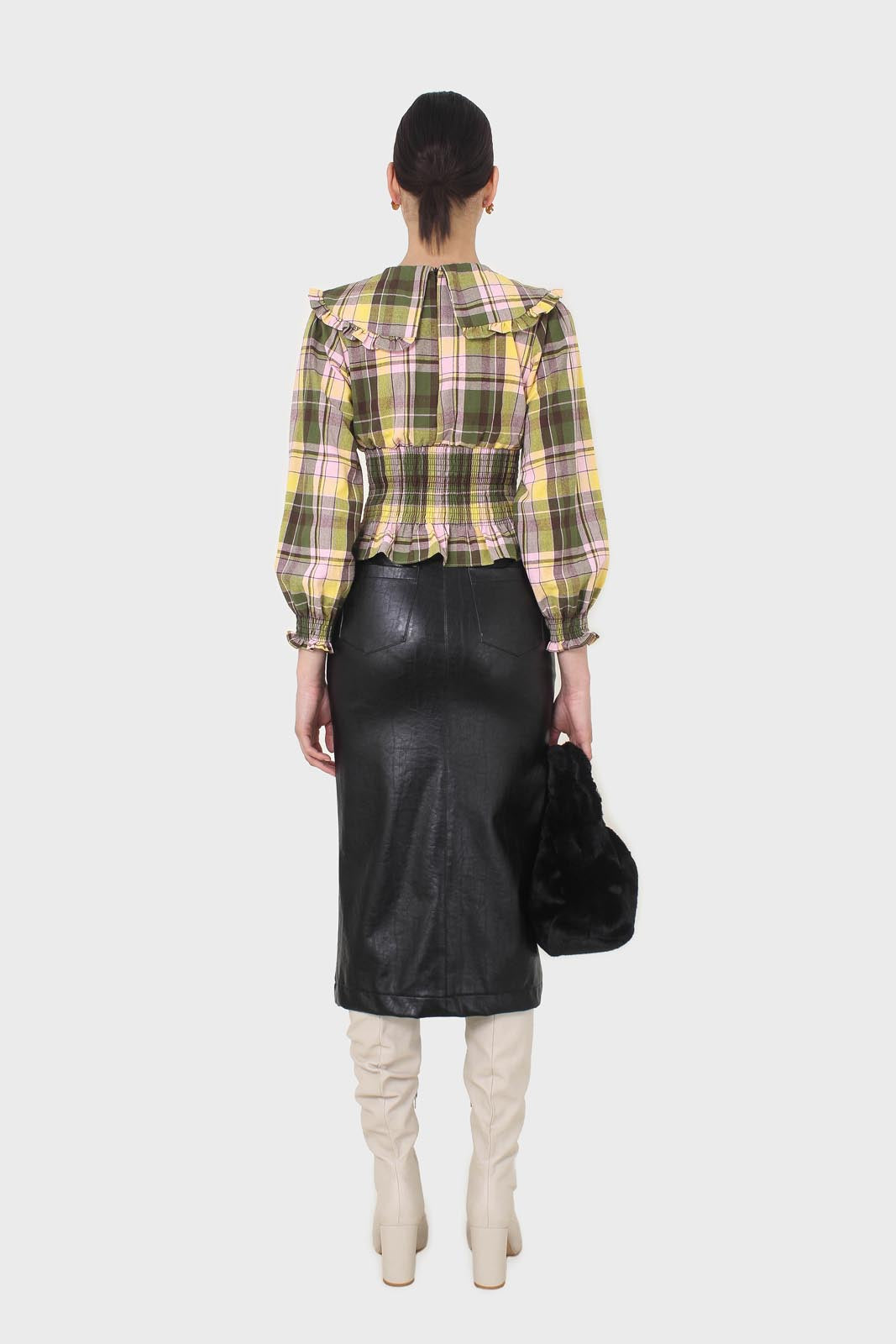Lilac and green checked large collar blouse