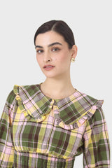 Lilac and green checked large collar blouse