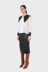 Ivory and black oversized pointed collar blouse