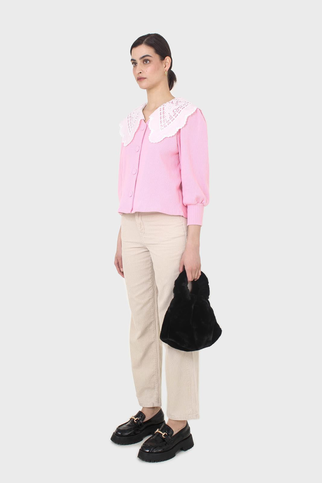 Pink and ivory detachable lace collar cardigan