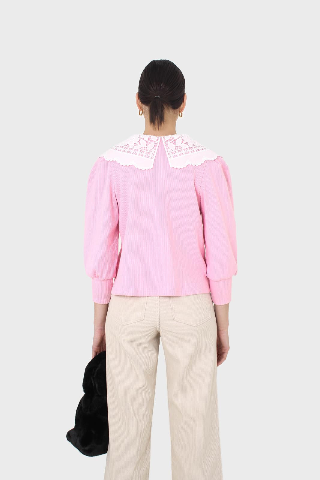Pink and ivory detachable lace collar cardigan