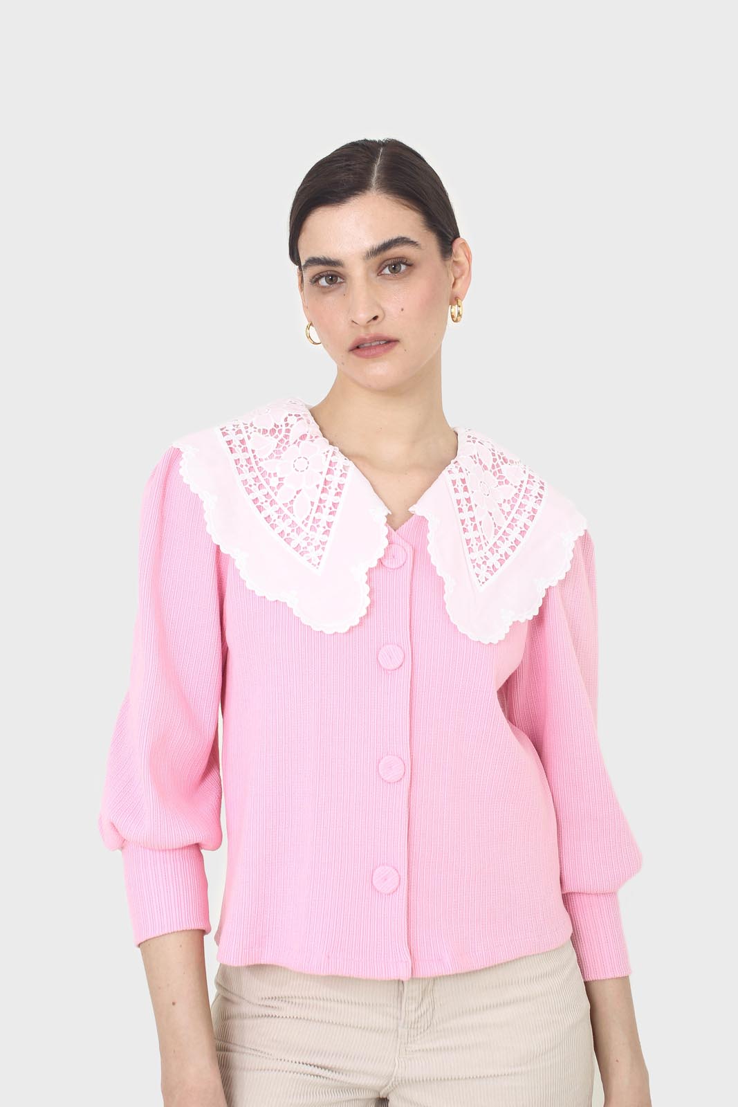 Pink and ivory detachable lace collar cardigan