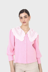 Pink and ivory detachable lace collar cardigan