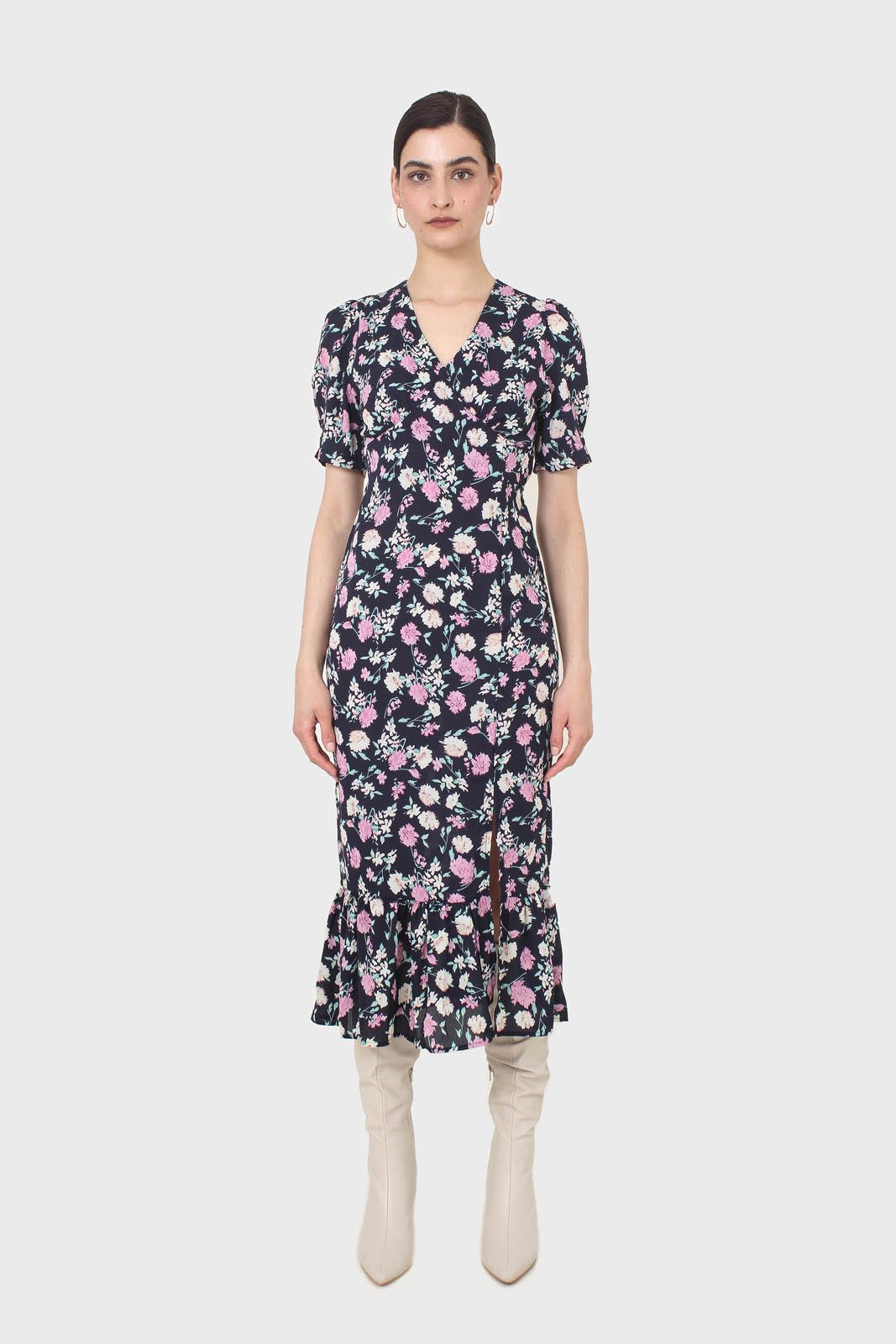 Navy pink and ivory floral tie back dress