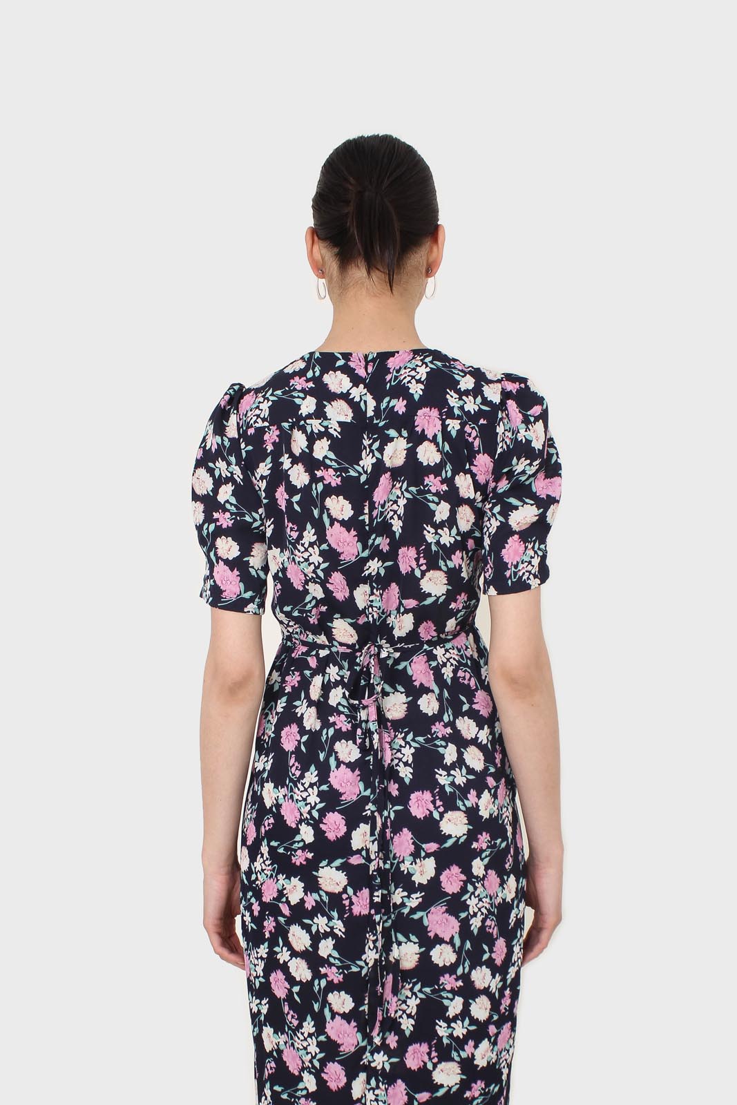 Navy pink and ivory floral tie back dress
