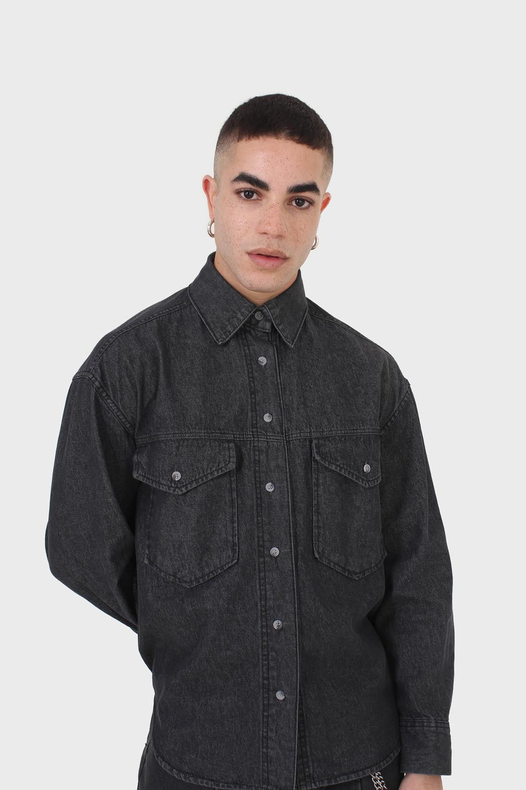 Black denim patch pocket shirt