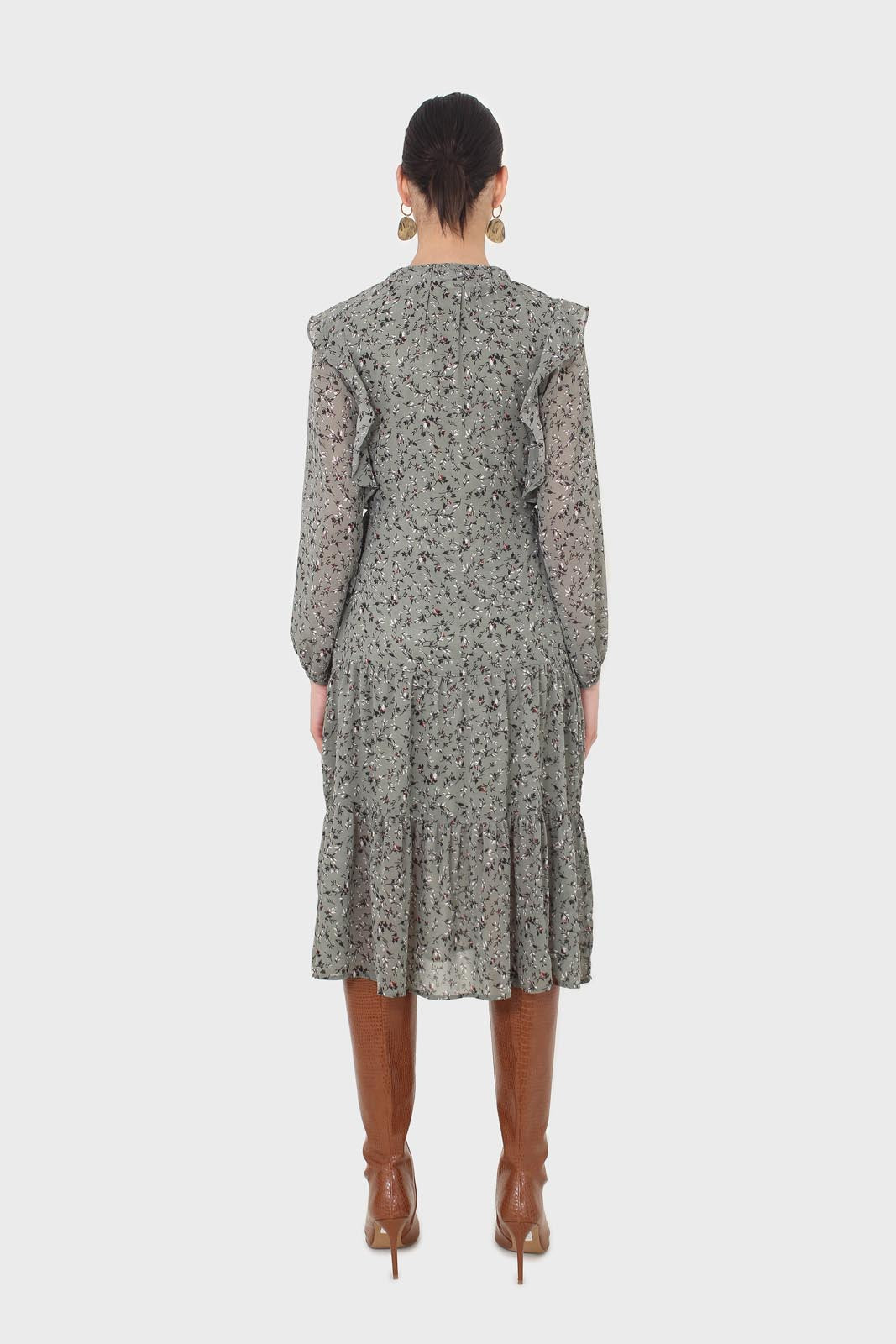 Khaki green floral tie neck dress