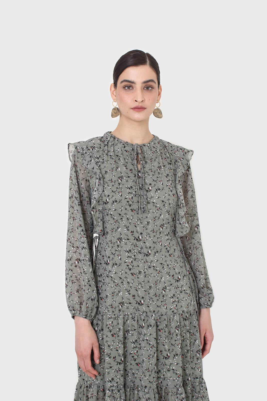 Khaki green floral tie neck dress