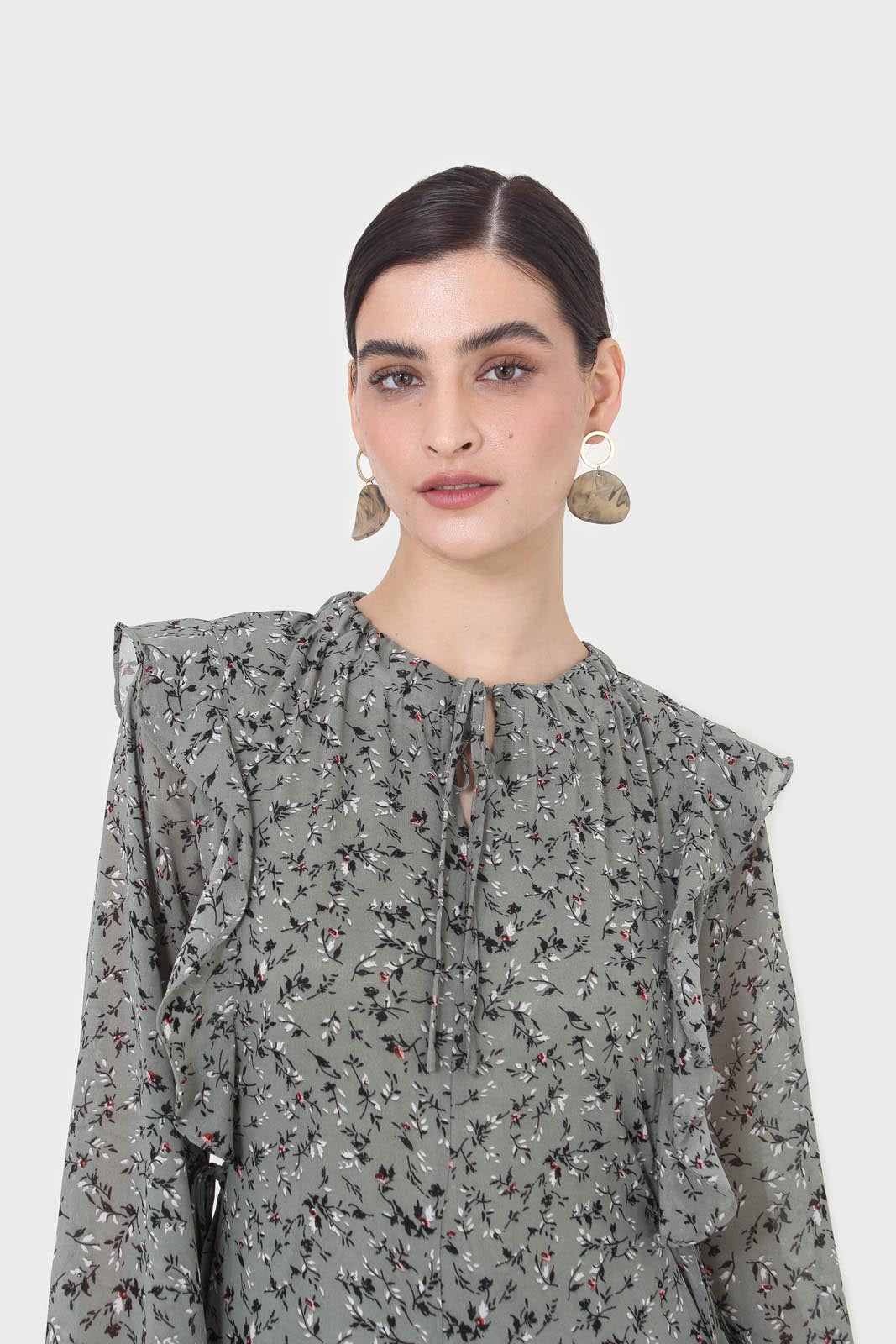 Khaki green floral tie neck dress