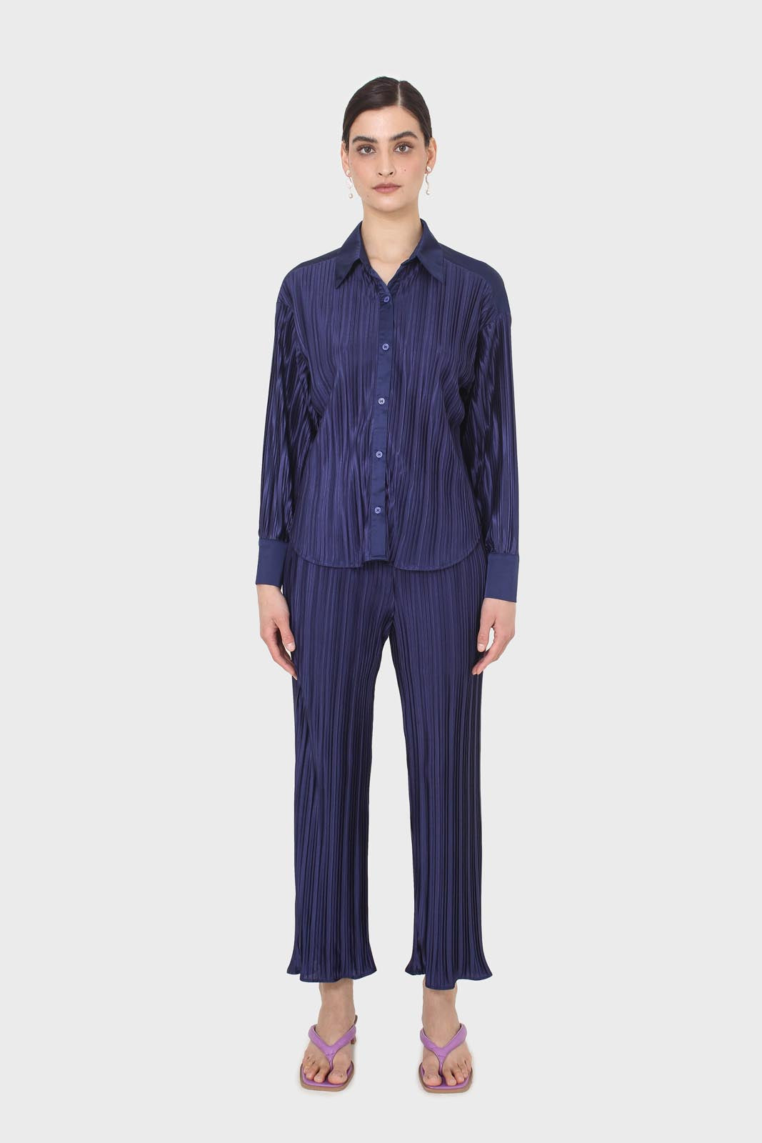 Navy micro pleat trousers