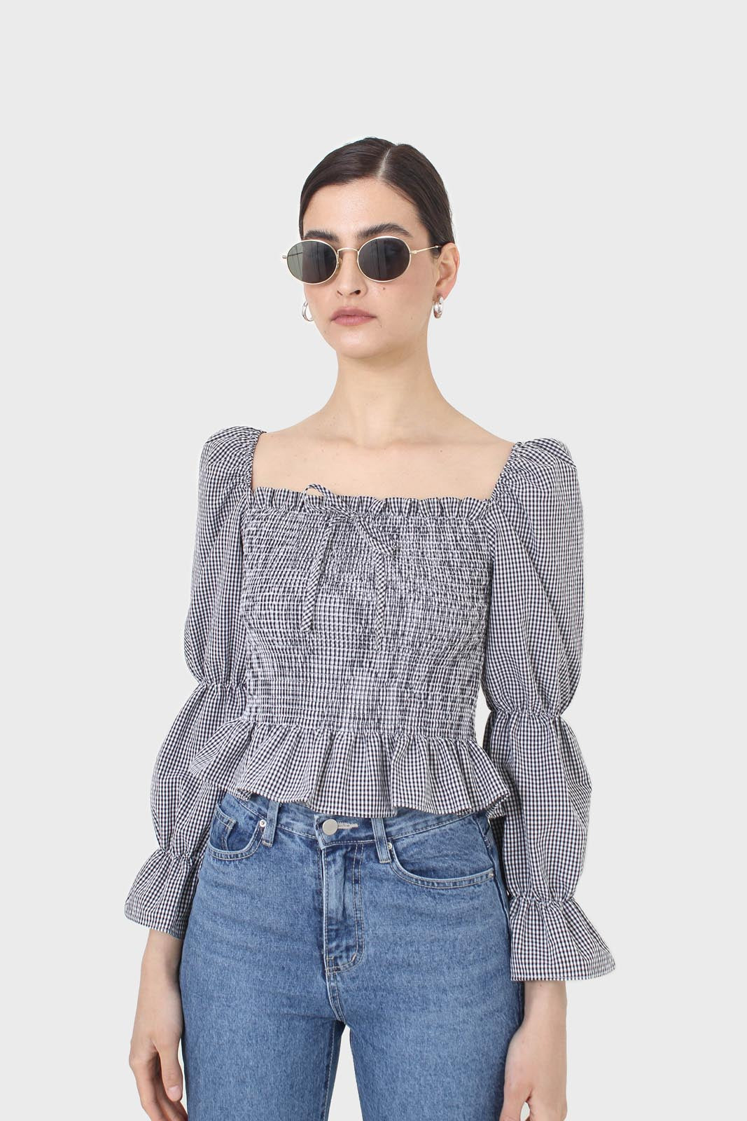 Black and white gingham ruched blouse