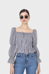 Black and white gingham ruched blouse