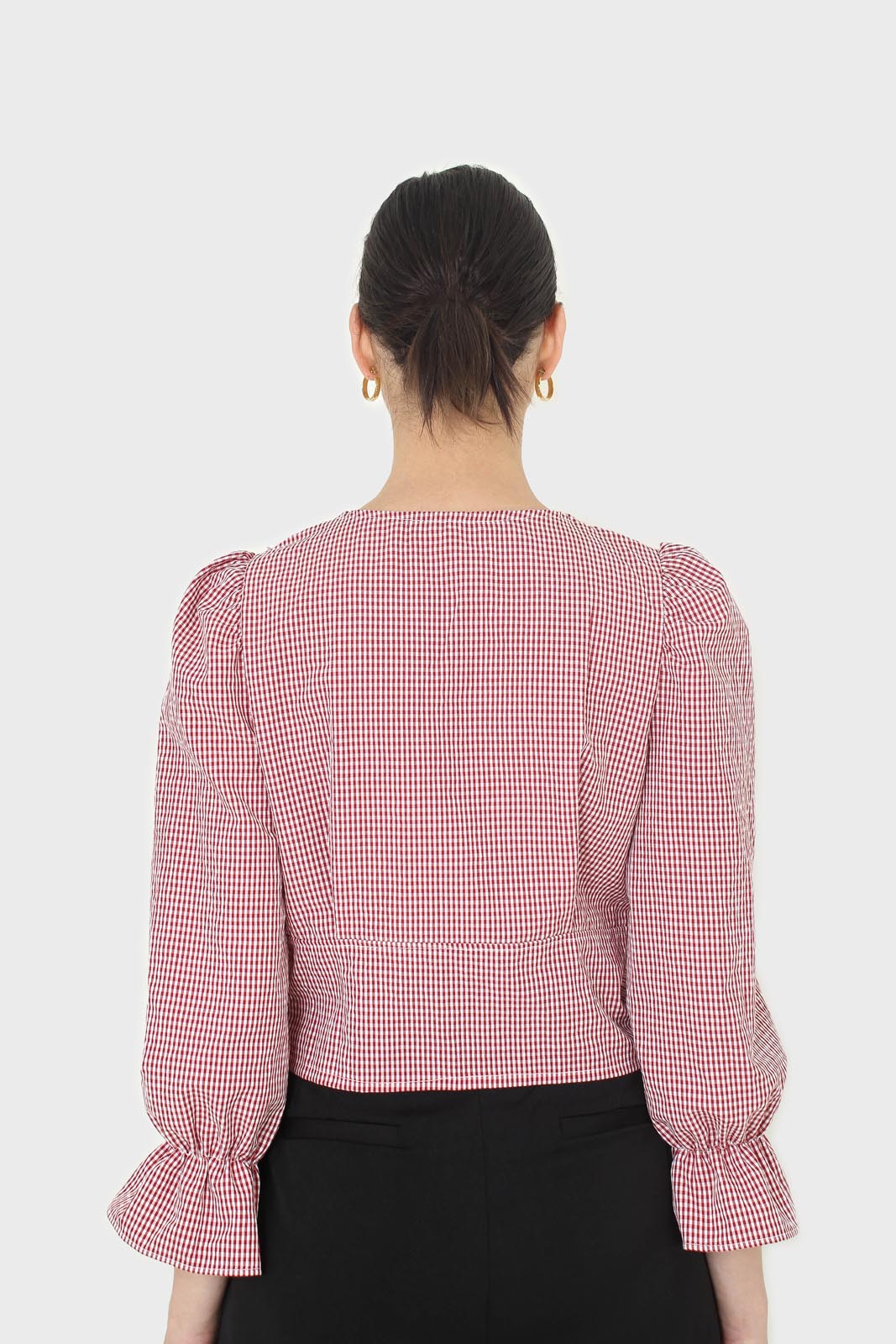 Red and ivory gingham large collar blouse