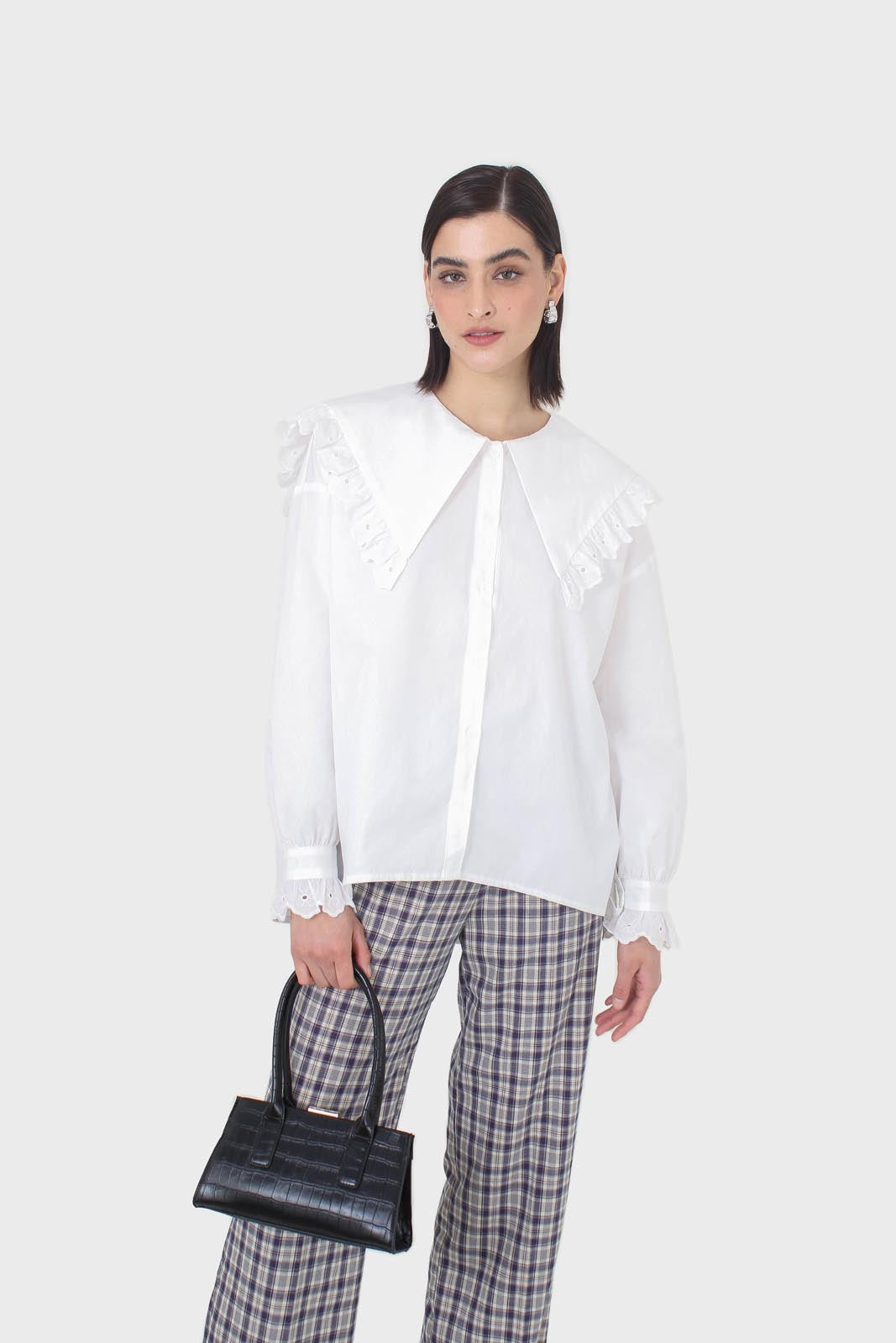 White large pointed collar cotton blouse