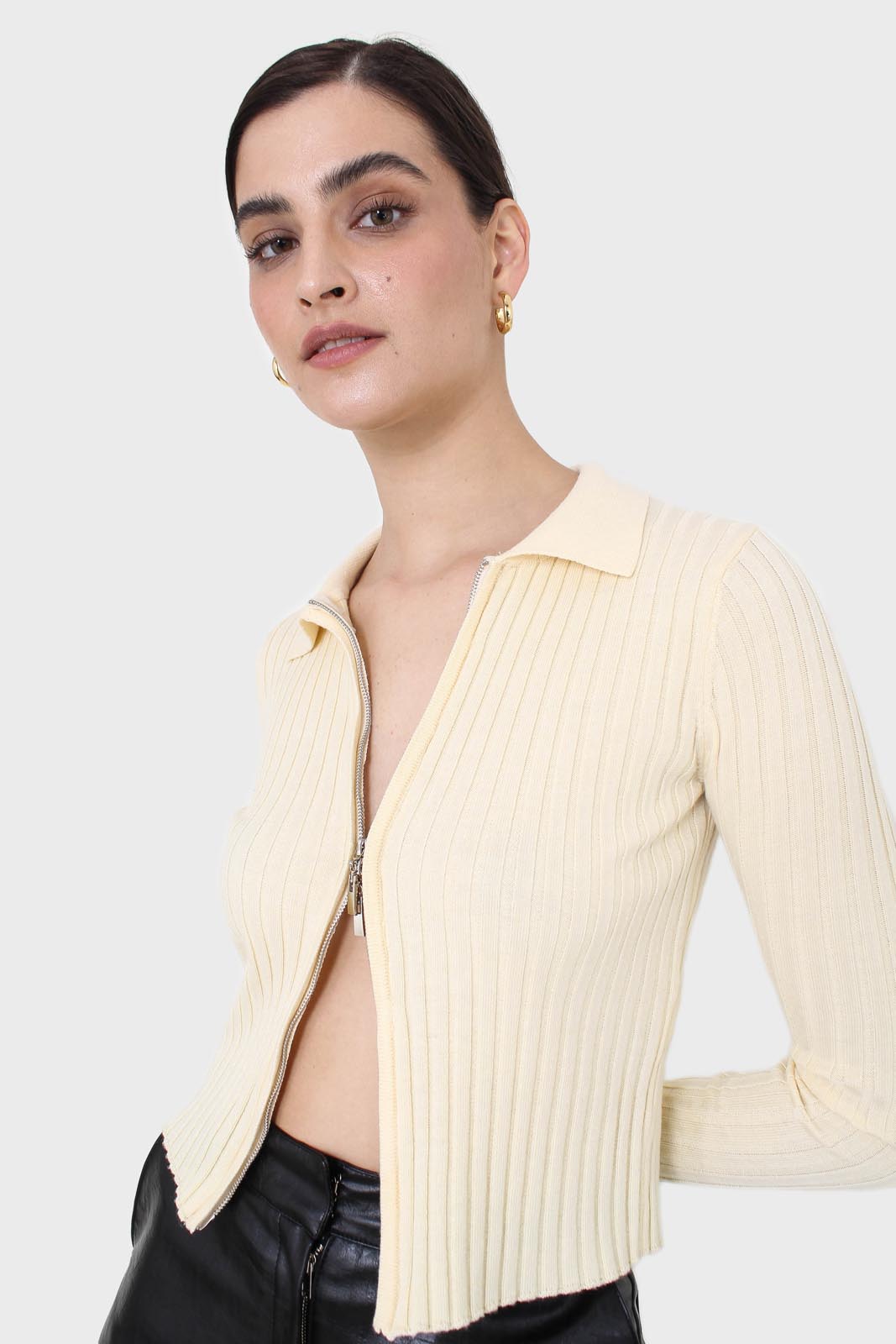 Pale yellow zip up fitted knit top