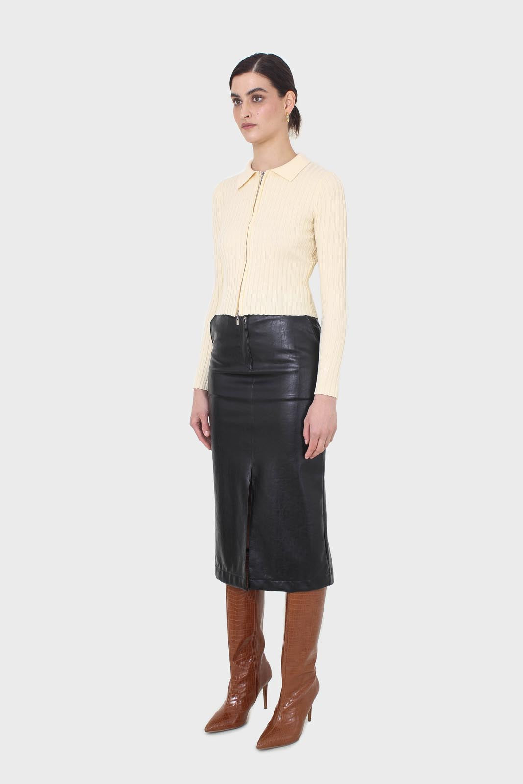Pale yellow zip up fitted knit top