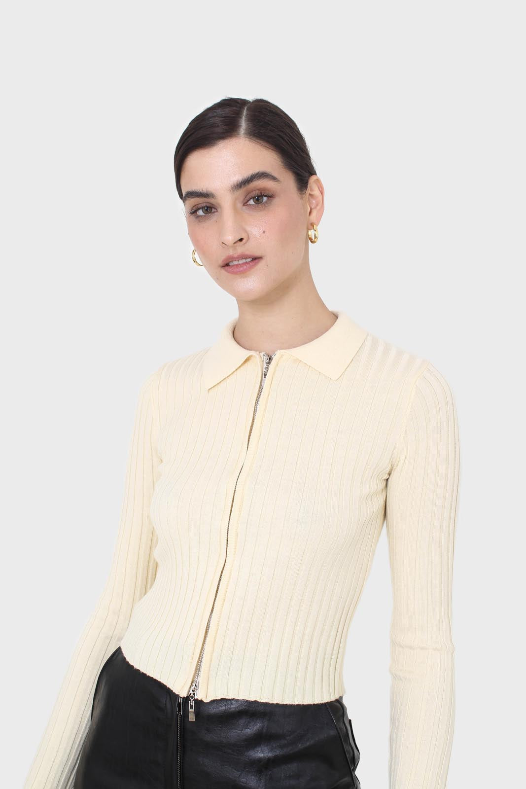 Pale yellow zip up fitted knit top