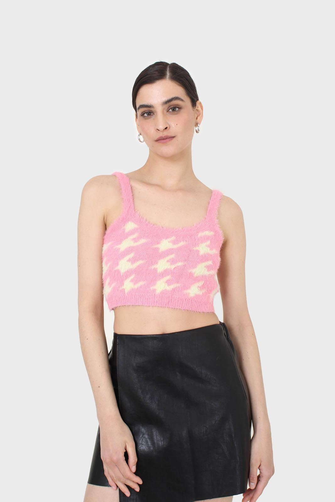 Pink and cream houndstooth fuzzy bralette