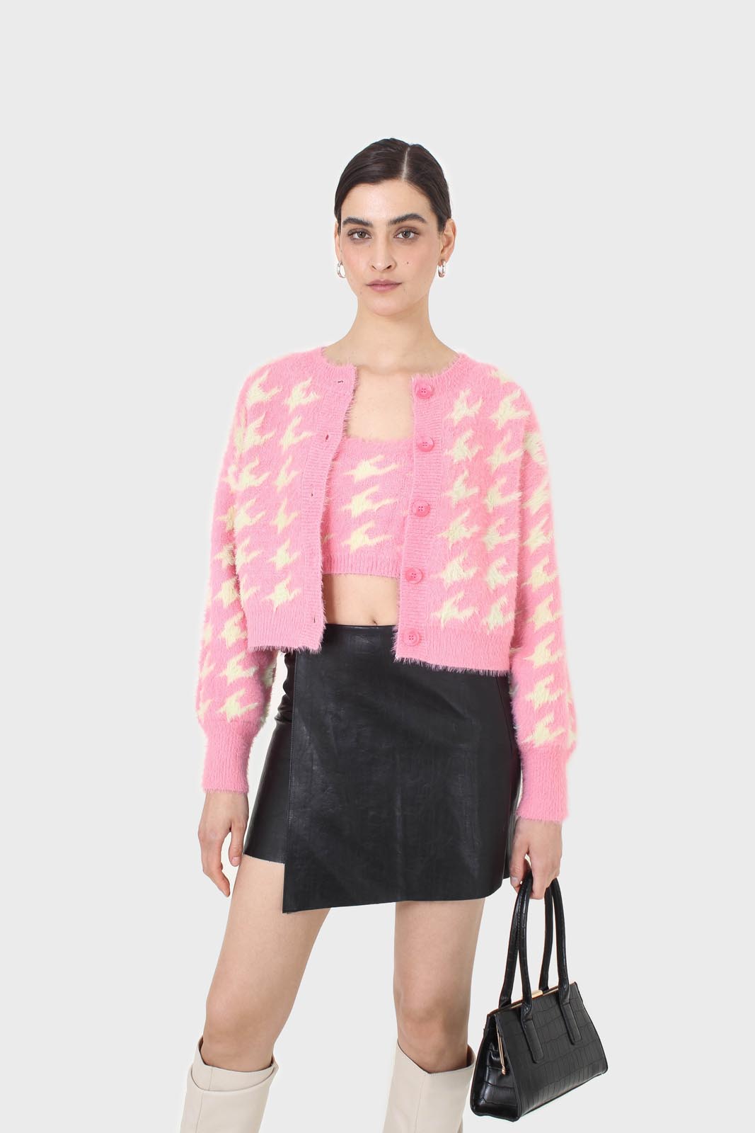 Pink and cream houndstooth fuzzy bralette