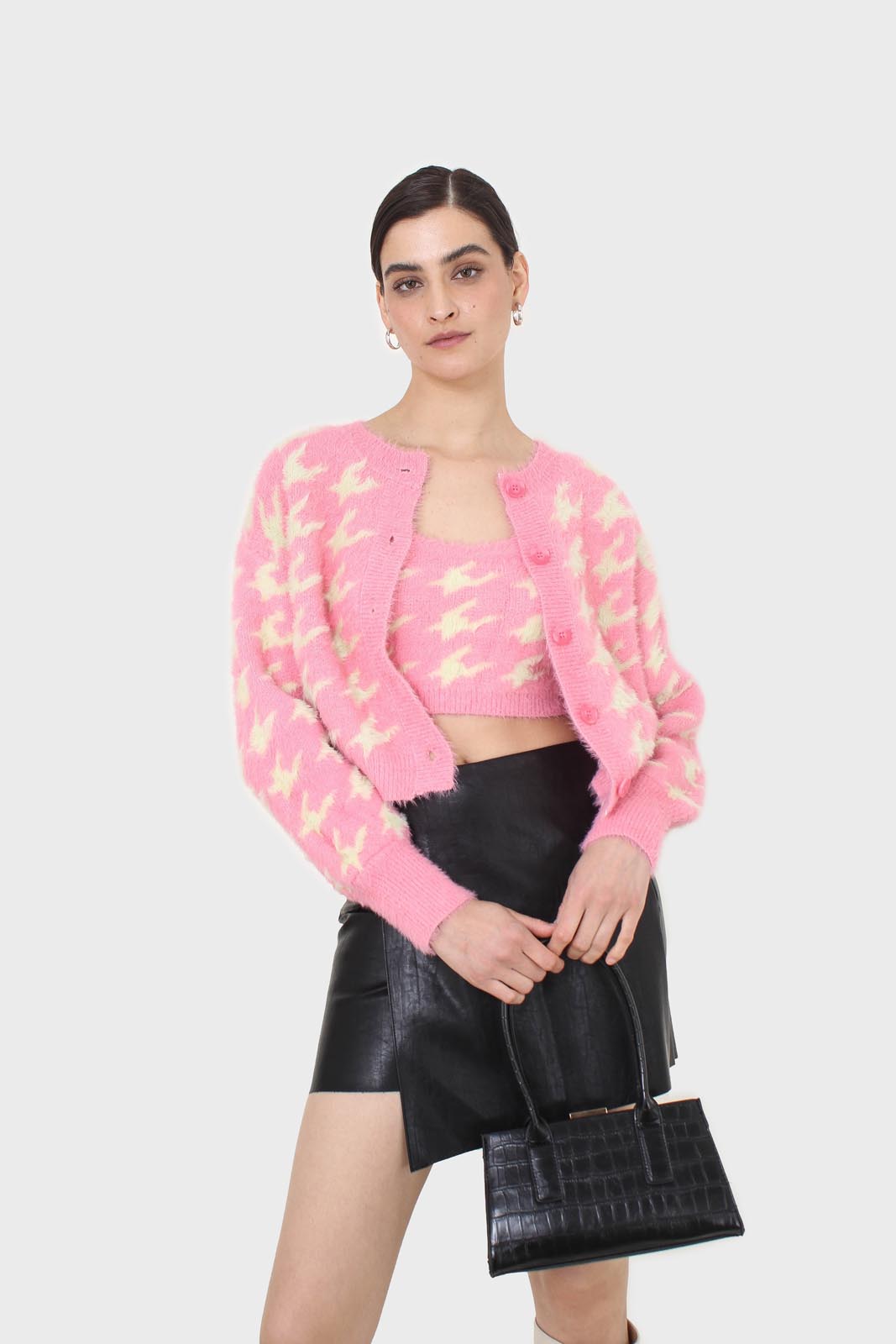 Pink and cream houndstooth fuzzy cardigan
