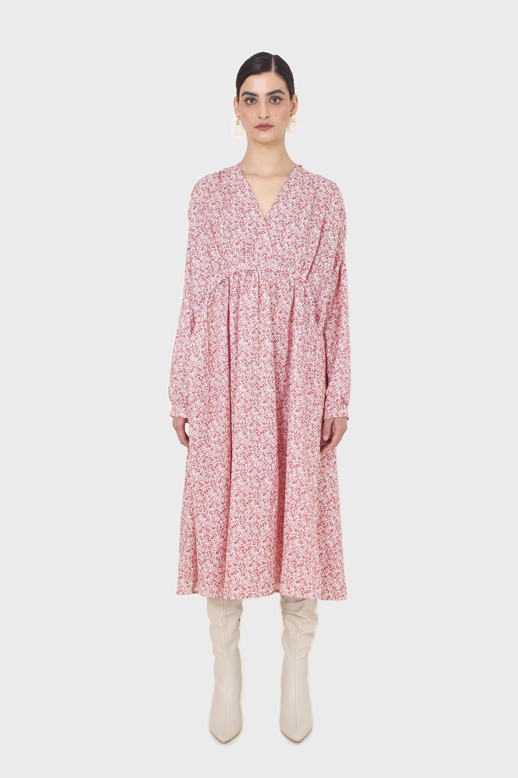 Pink and ivory floral print tie back maxi dress