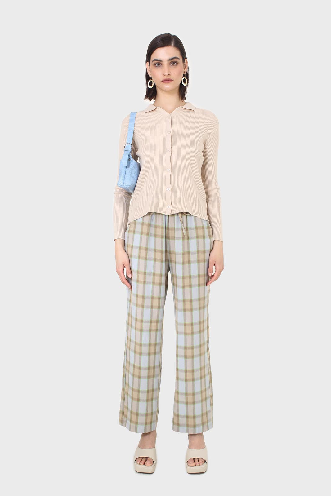 Blue and khaki plaid loose fit trousers