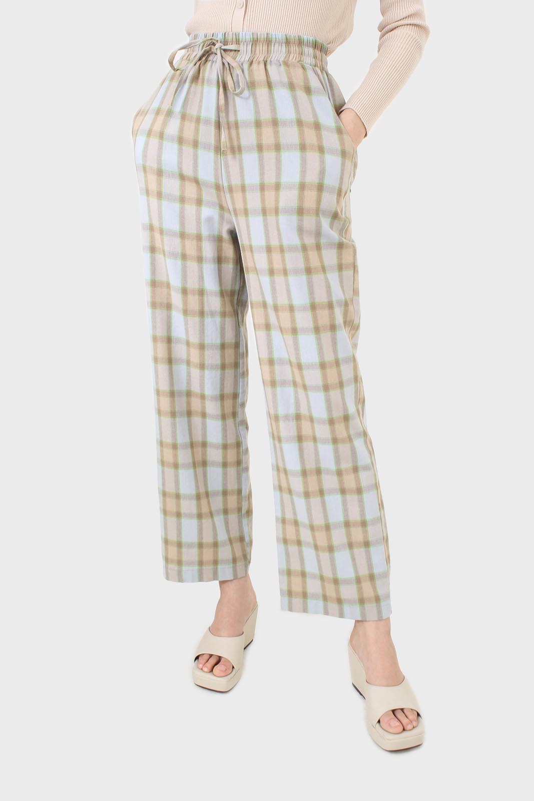 Blue and khaki plaid loose fit trousers