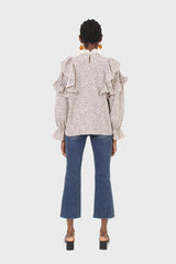 Violet and beige floral print lace trim top