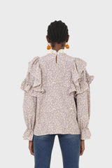 Violet and beige floral print lace trim top