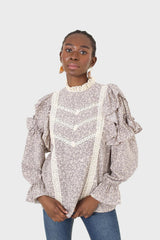 Violet and beige floral print lace trim top
