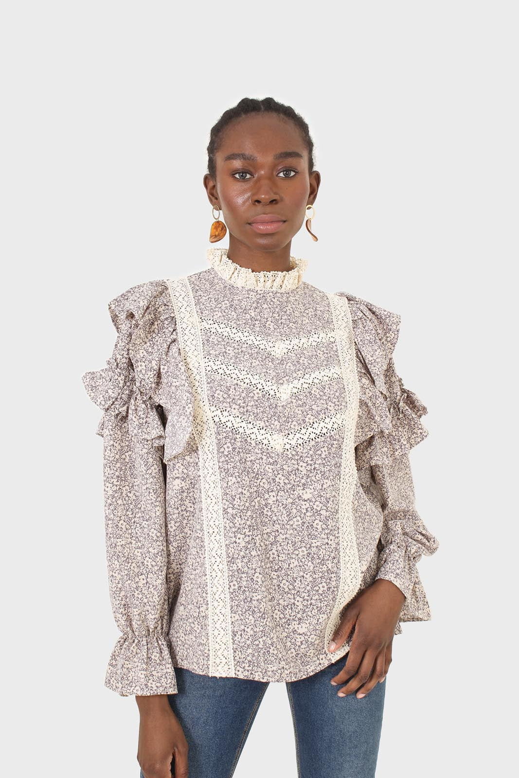 Violet and beige floral print lace trim top