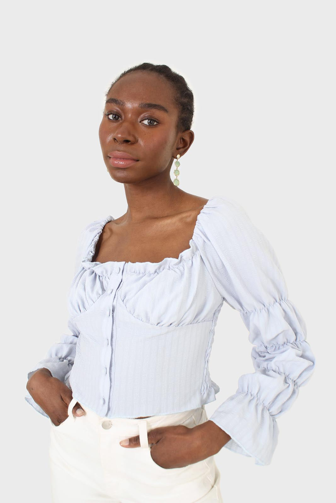 Blue button front detail bustier top