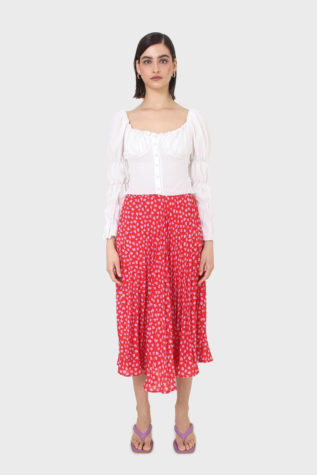 Red and pink heart print pleated midi skirt