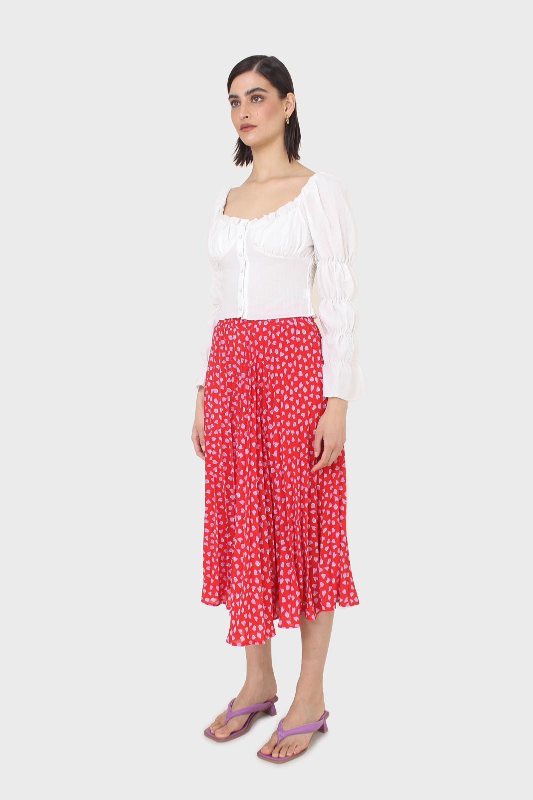 Red and pink heart print pleated midi skirt