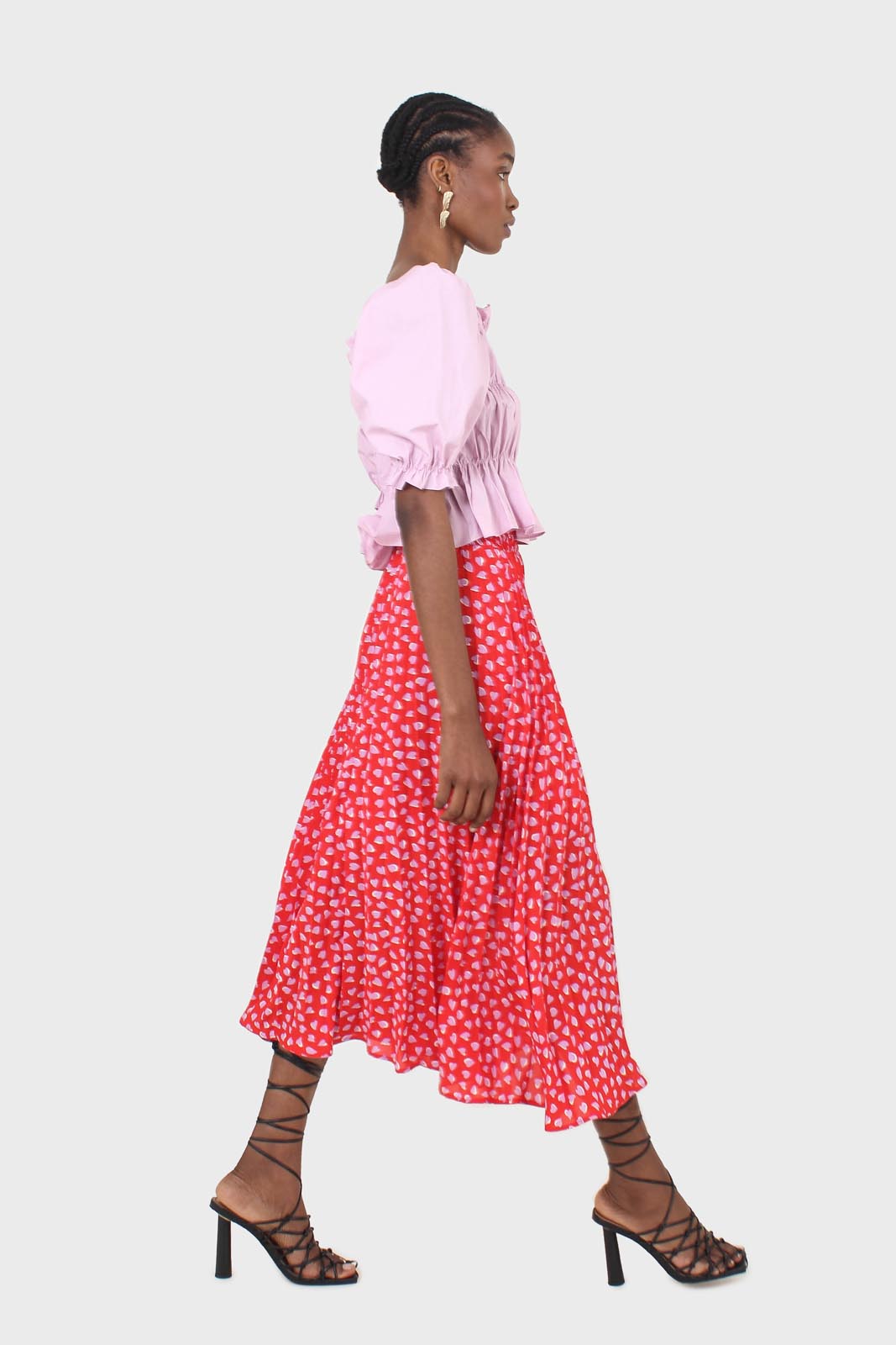 Red and pink heart print pleated midi skirt