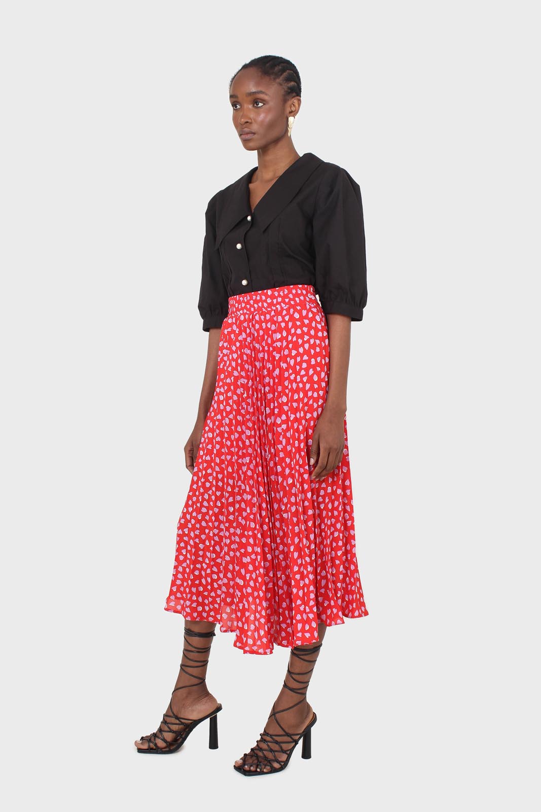 Red and pink heart print pleated midi skirt