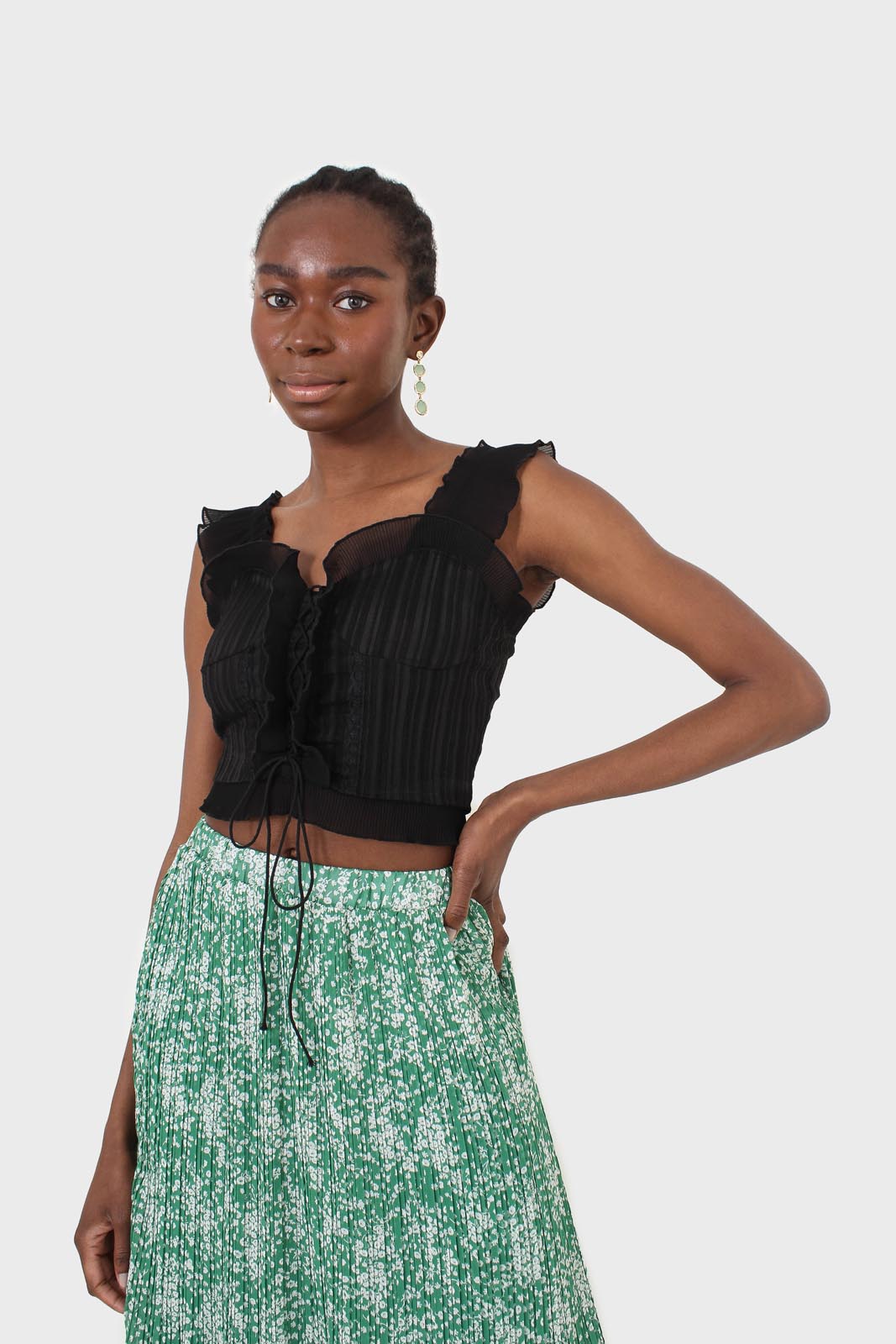 Green and white printed pleated midi skirt