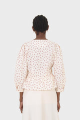 Ivory and red floral print cotton blouse