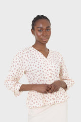 Ivory and red floral print cotton blouse