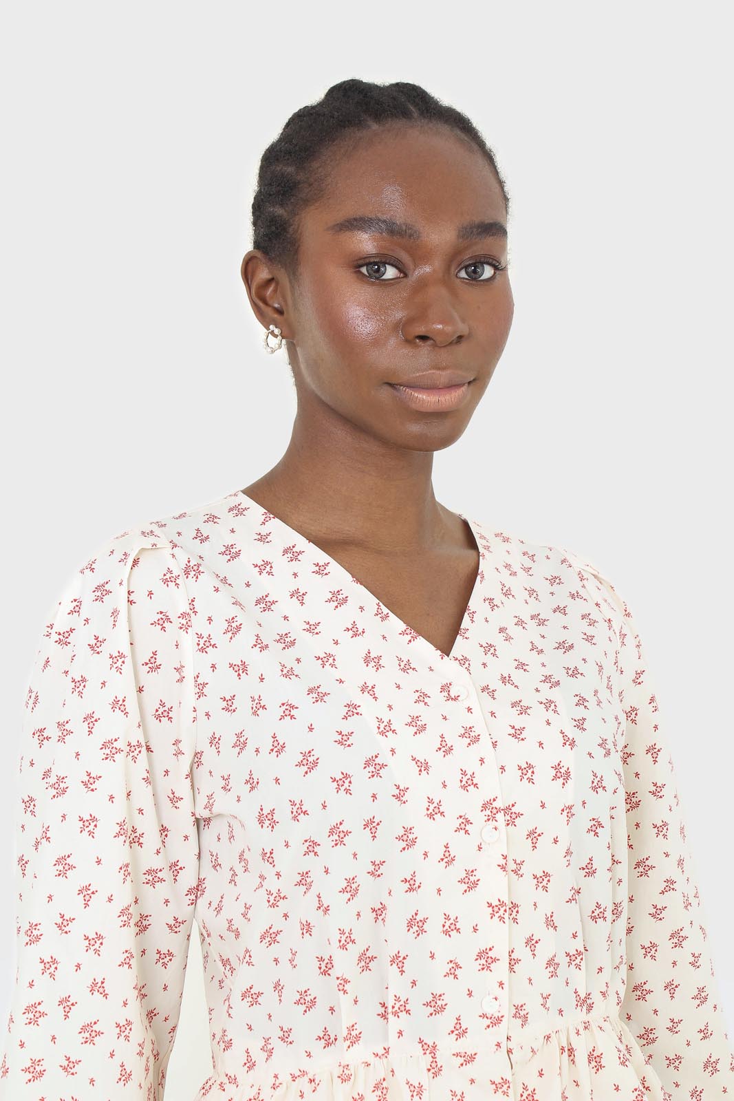 Ivory and red floral print cotton blouse