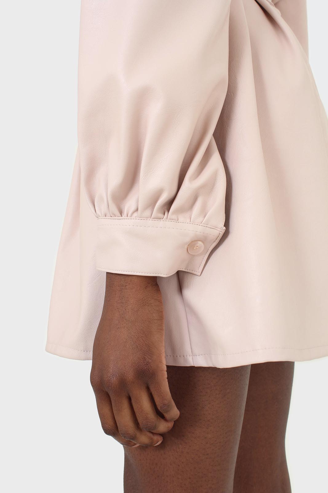 Pale pink vegan leather belted dress