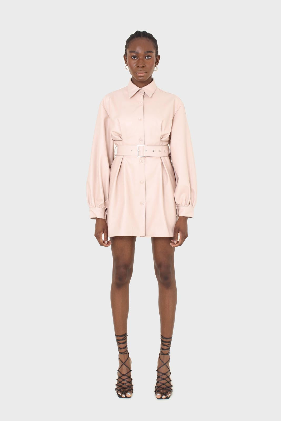 Pale pink vegan leather belted dress