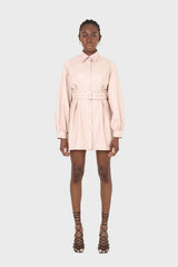 Pale pink vegan leather belted dress