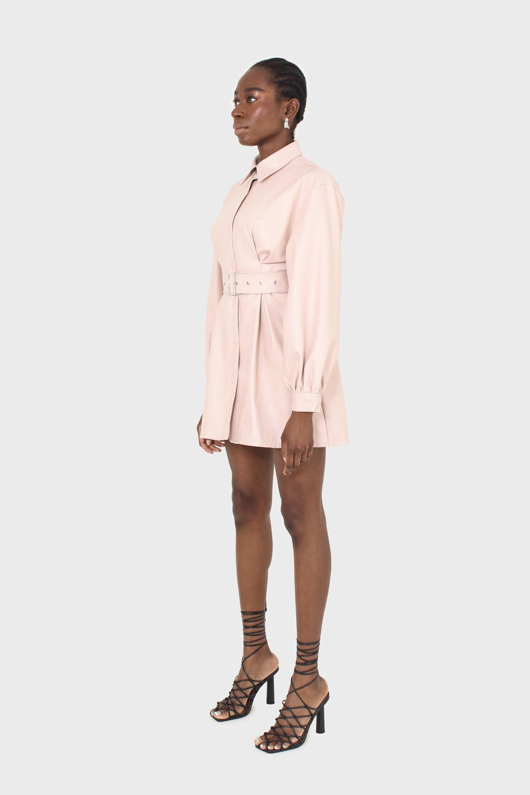 Pale pink vegan leather belted dress